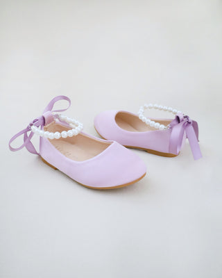 lavender satin girls flats with pearls ankle straplavender satin girls flat with pearls strap