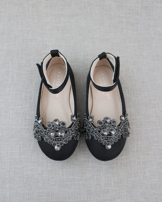 girls black satin flats with rhinestones applique