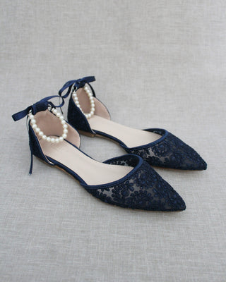Navy Blue Lace Women Flats with Pearl Ankle Straps