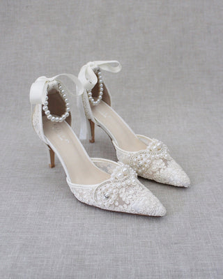 Ivory Crochet Lace Pointy Toe Heels with Small Pearls AppliqueWomen Shoes