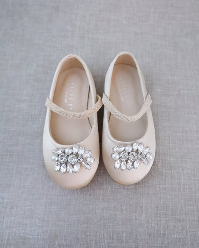 champagne satin flats with rhinestones brooch