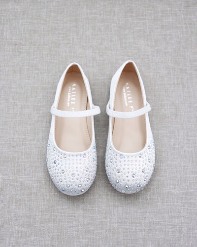 White Rhinestone Kids Flats