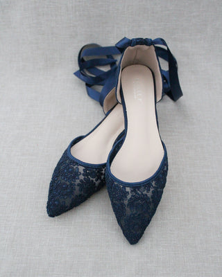 Navy Blue Lace Women Flats with Ballerina Laces
