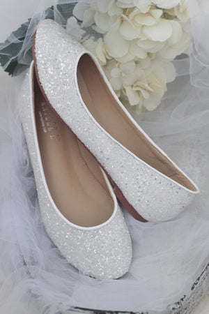 White Glitter Round Toe Flats Wedding Shoes