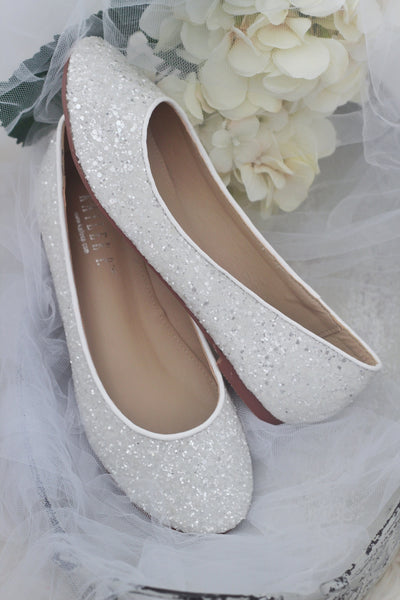 White Glitter Round Toe Flats Wedding Shoes Bridesmaids Shoes