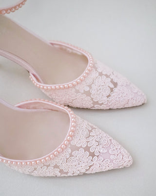 dusty pink crochet bridal shoes with pearls