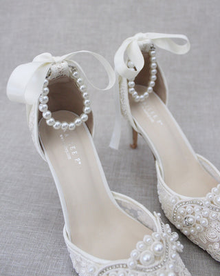 Ivory Crochet Lace Pointy Toe Heels with Small Pearls AppliqueWomen Shoes