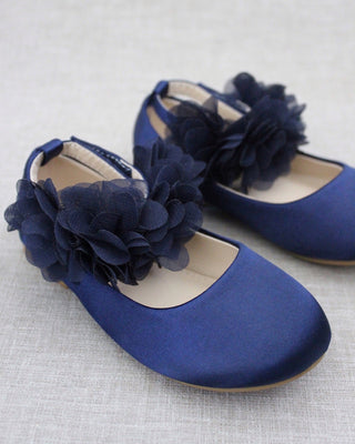 Satin Flats with Chiffon Flowers Ankle StrapKids Shoes