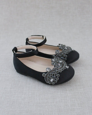 girls black satin flats with rhinestones applique