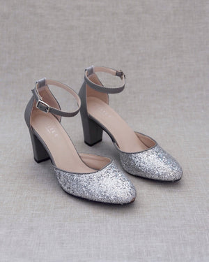 Silver Rock Glitter Block Heel with Ankle Strap
