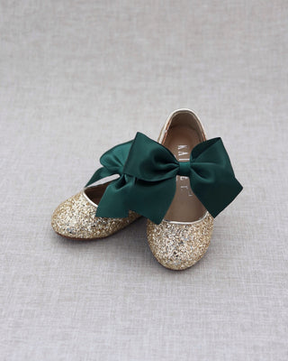 Rock Glitter Mary Jane Flats with Hunter Green Satin BowKids Shoes