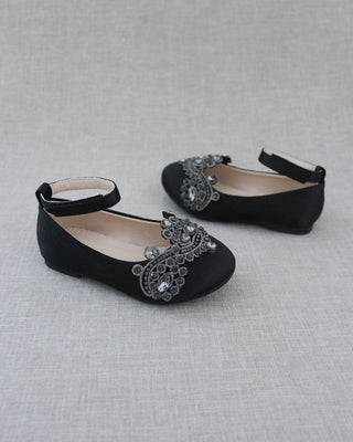 girls black satin flats with rhinestones applique