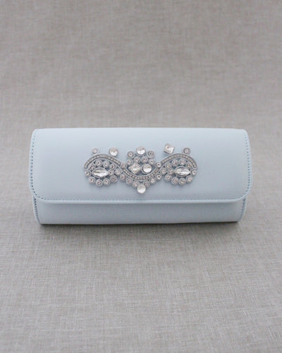 light blue bridal clutch with rhinestones applique