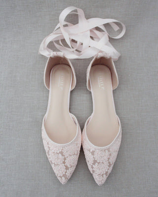 Pink Lace Women Flats with Ballerina Laces