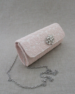 dusty pink crochet lace wedding clutch