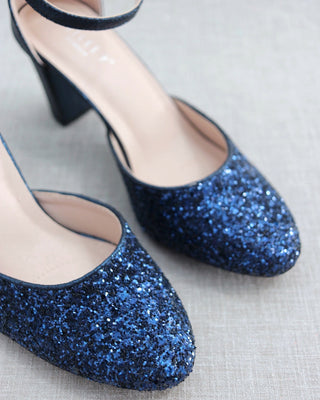 Navy Blue Glitter Block Heels with Back Bow