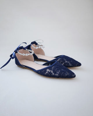 Evening Crochet Lace Pointy Toe Flats with Amaryllis Crystal StrapWomen Shoes