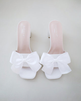 white wedding block heel sandals with bow