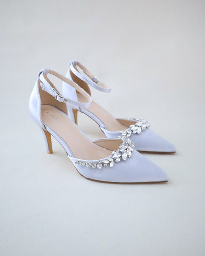 satin pointy toe bridal heels with rhinestones