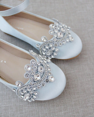 girls light blue satin flats with rhinestones applique