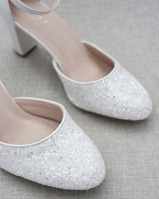 White Glitter Block Heels