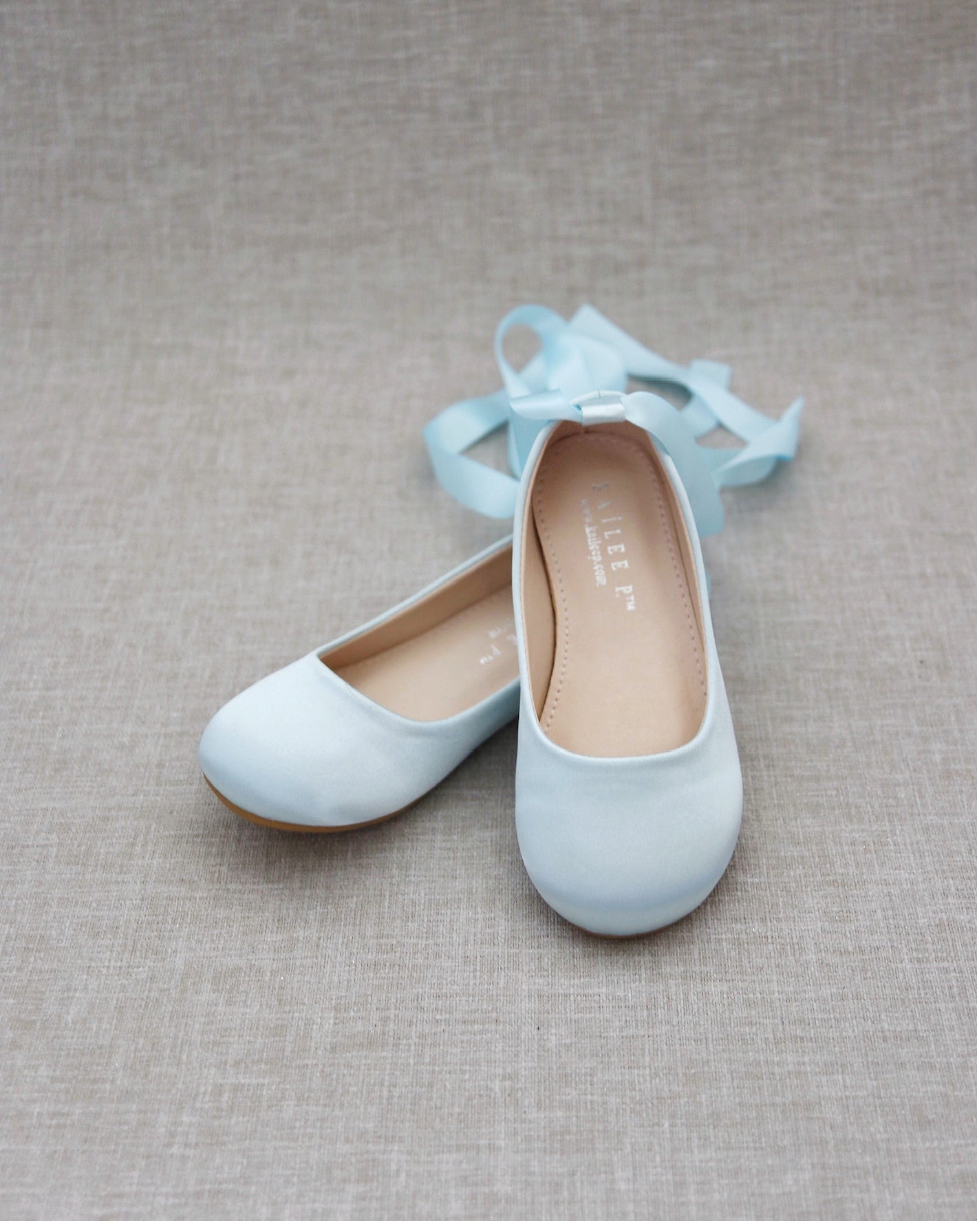 Light Blue Satin Ankle Tie or Ballerina Lace Up Flats, Flower Girls