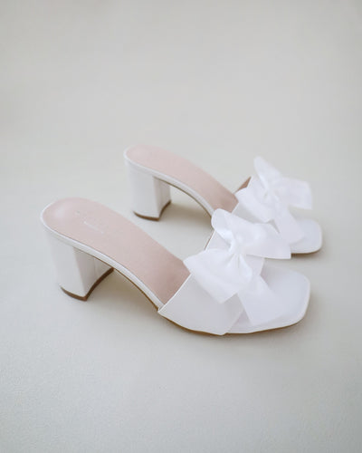 white wedding block heel sandals with bow