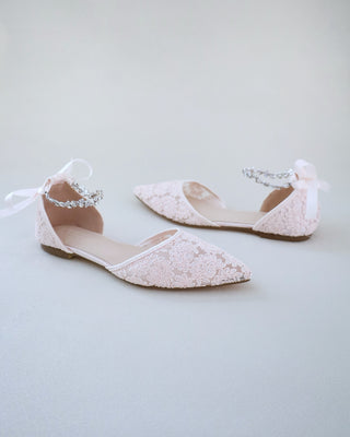 Evening Crochet Lace Pointy Toe Flats with Amaryllis Crystal StrapWomen Shoes