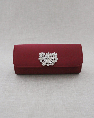 burgundy satin bridal clutch with rhinestones brooch