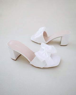white wedding block heel sandals with bow