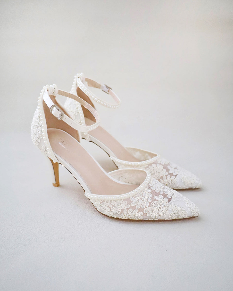 Lace Bridal Heels with Pearls, Bridesmaids Shoes, Women Heels, Prom