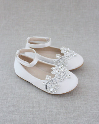girls white satin flats with rhinestones applique