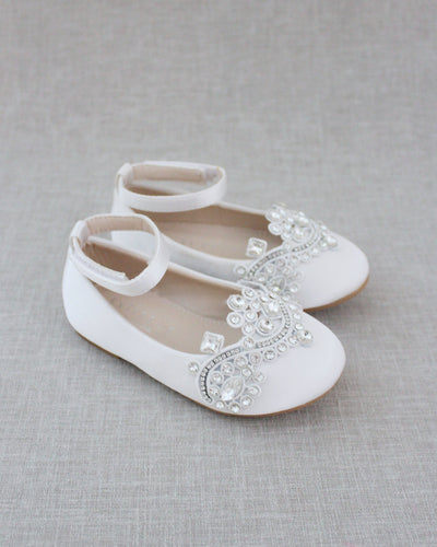 girls white satin flats with rhinestones applique