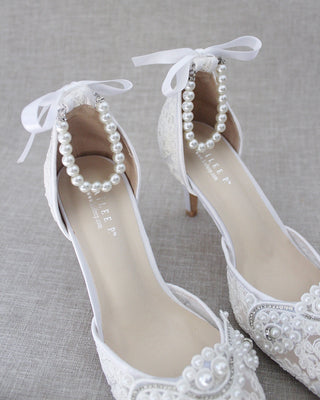 White Crochet Lace Pointy Toe HEELS with Small Pearls AppliqueWomen Shoes