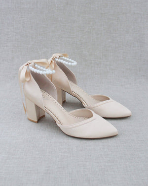Satin Evening Block Heel with All Pearl Ankle Strap