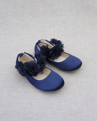 Satin Flats with Chiffon Flowers Ankle StrapKids Shoes