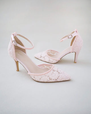 dusty pink crochet bridal shoes with pearls
