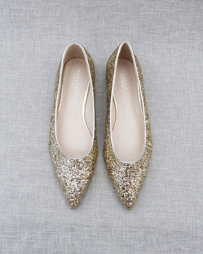 gold glitter pointy toe evening flats