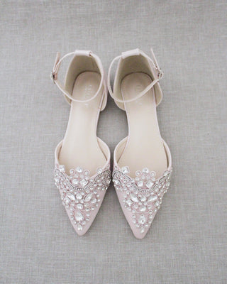 Satin Pointy Toe Flats with Rhinestones Applique Embellishments