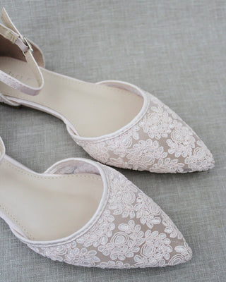 Crochet Lace Pointy Toe Flats with Ankle Strap