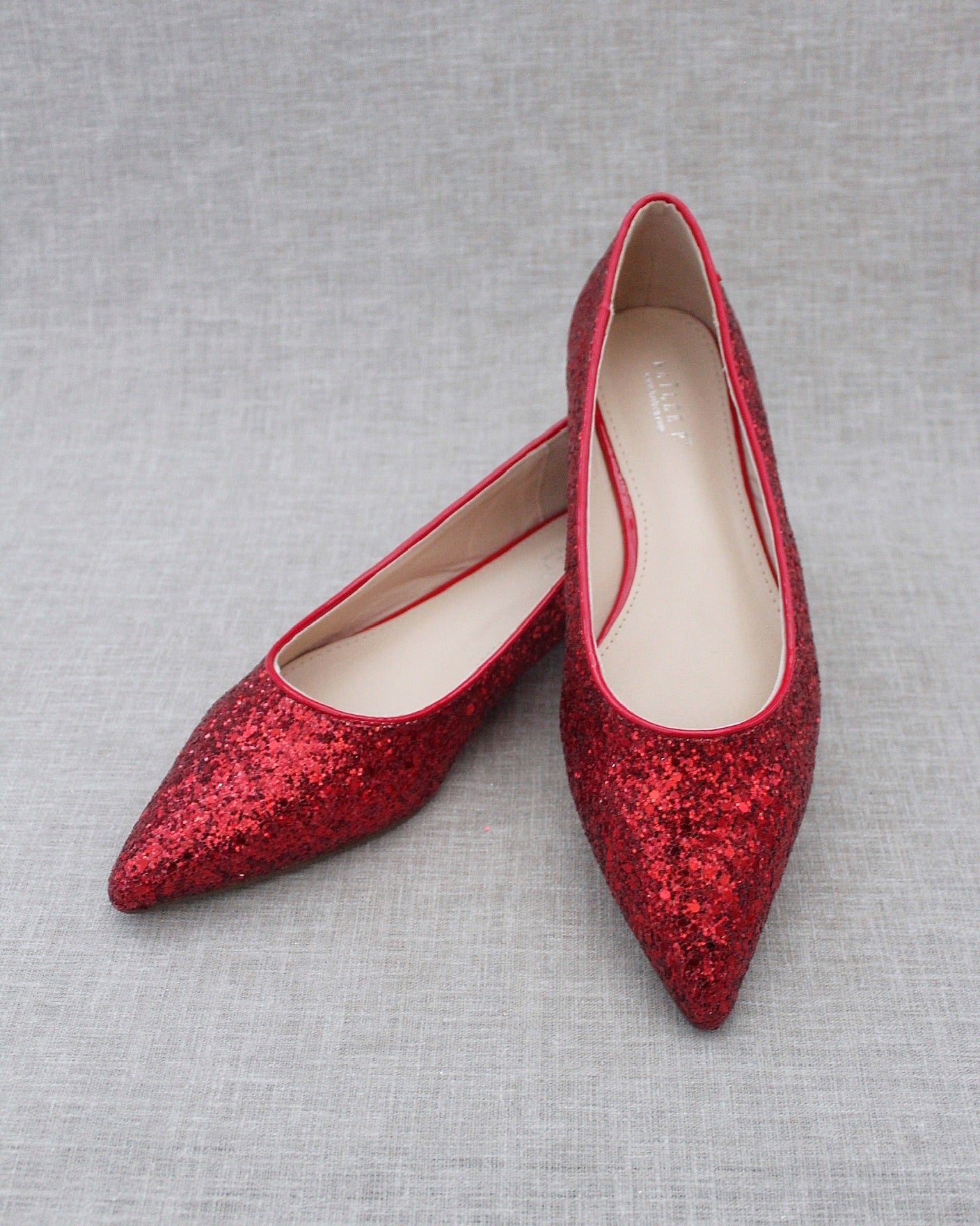 Red Pointy Toe Glitter Flats, Evening Shoes, Bridesmaids Shoes 8.5