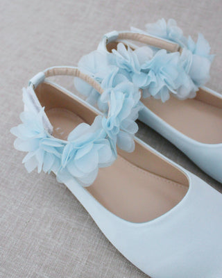 Satin Flats with Chiffon Flowers Ankle Strap