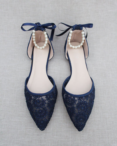 Navy Blue Lace Women Flats with Pearl Ankle Straps