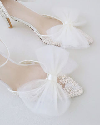 Lace Wedding Heels with Front Tulle BowWomen Shoes