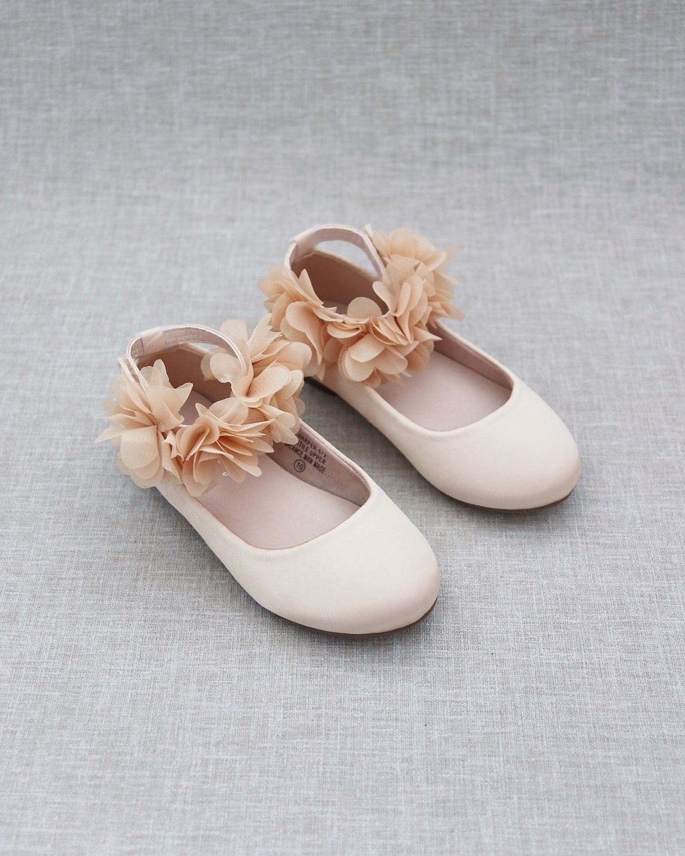 Champagne Satin Flats with Chiffon Flowers, Flower Girls Shoes
