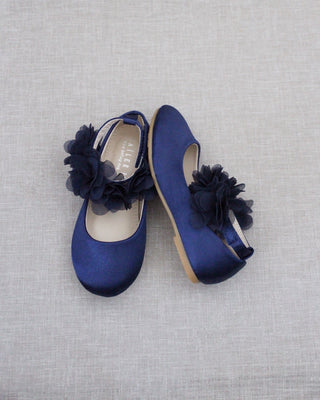 Satin Flats with Chiffon Flowers Ankle StrapKids Shoes