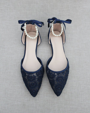Crochet Lace Pointy Toe with All Pearls Ankle Strap