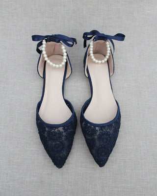 Navy Blue Lace Women Flats with Pearl Ankle Straps