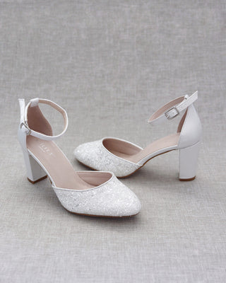 White Glitter Block Heels