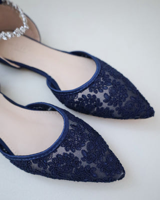 Evening Crochet Lace Pointy Toe Flats with Amaryllis Crystal StrapWomen Shoes